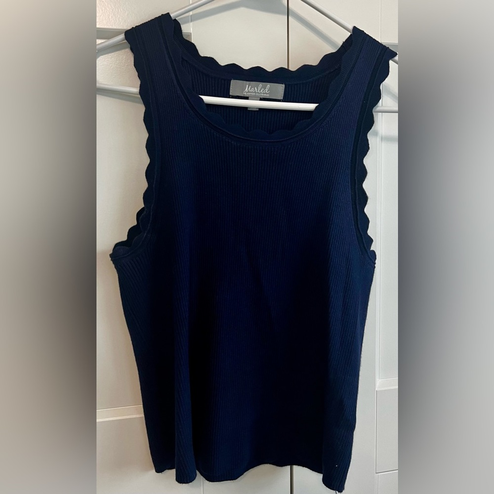 Navy knit with scalloped neckline and arm details